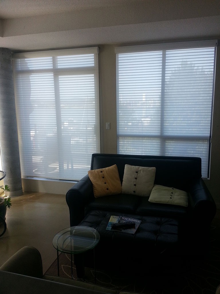 semi-transparent soft white shades diffusing the light of two large living room windows